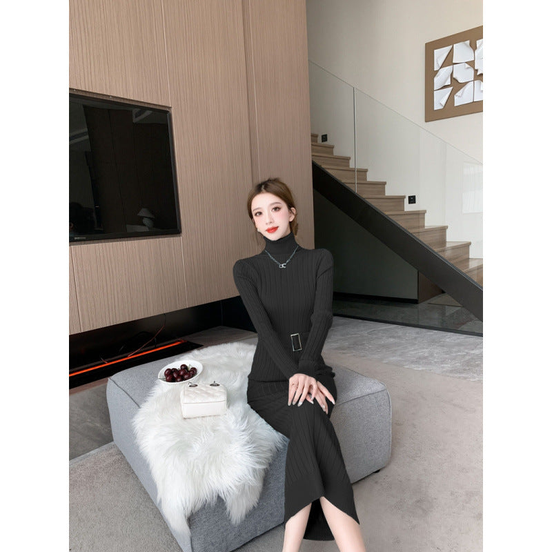 Elegante suéter de cuello alto combinado con un vestido de punto elástico, ajustado y de cintura alta. - Bego Fashion