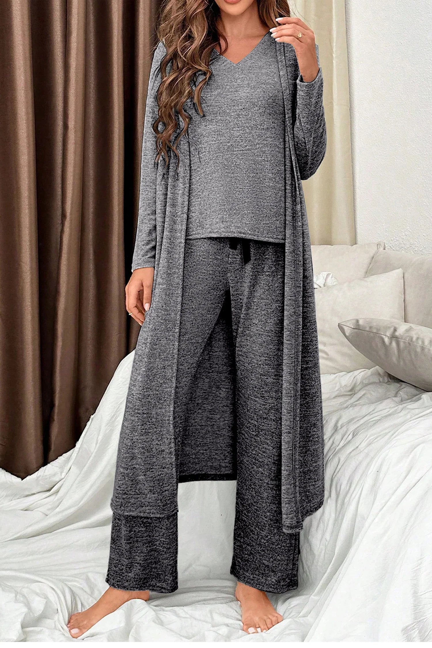 Dark Grey 3pcs V Neck T Shirt Ribbon Knot Pants Open Duster 3pcs Lounge Set - Bego Fashion