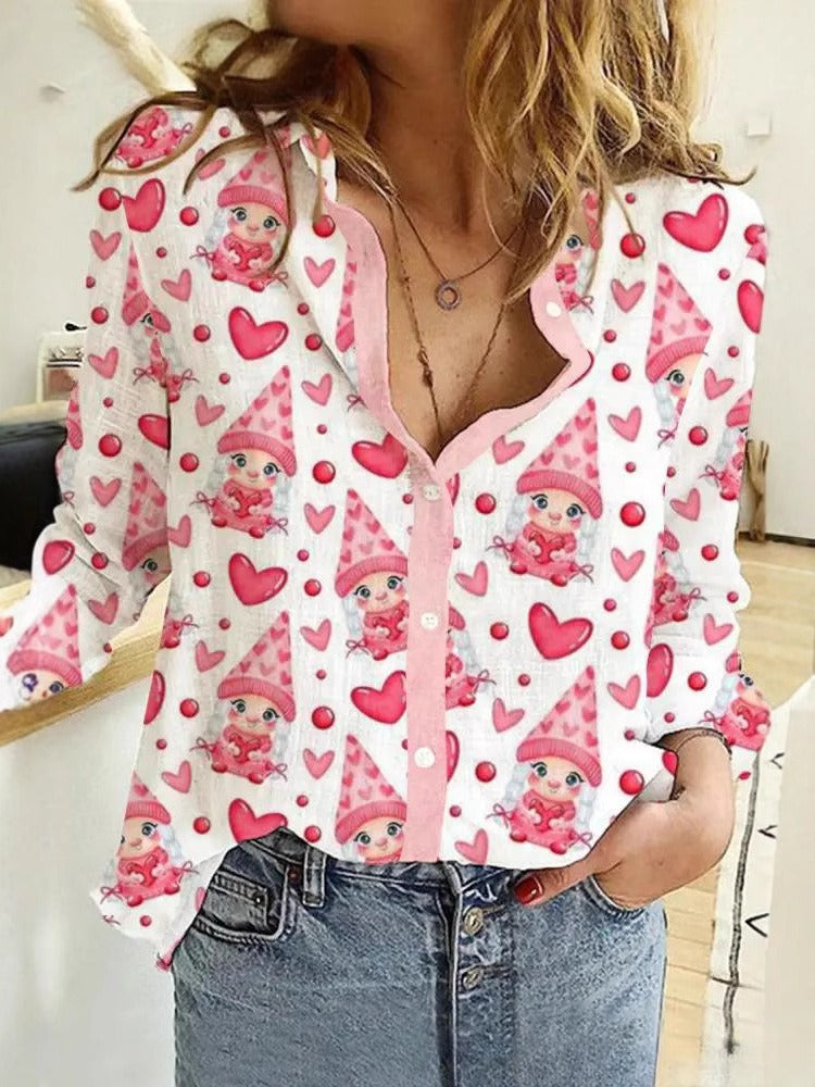 Camisa de manga larga para mujer con estampado de elementos del Día de San Valentín y amor creativo - Bego Fashion
