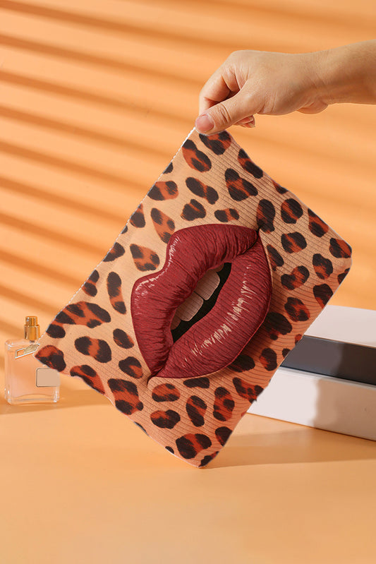 Neceser funcional de lona con estampado de leopardo marrón y diseño de labios