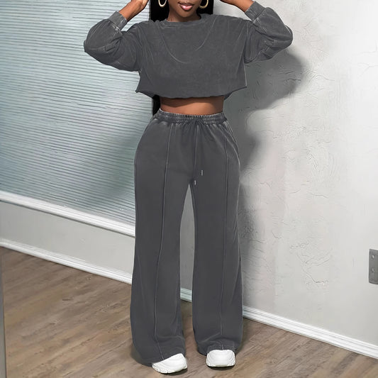 Conjunto de pantalón ancho y top de manga larga para mujer, color liso - Bego Fashion