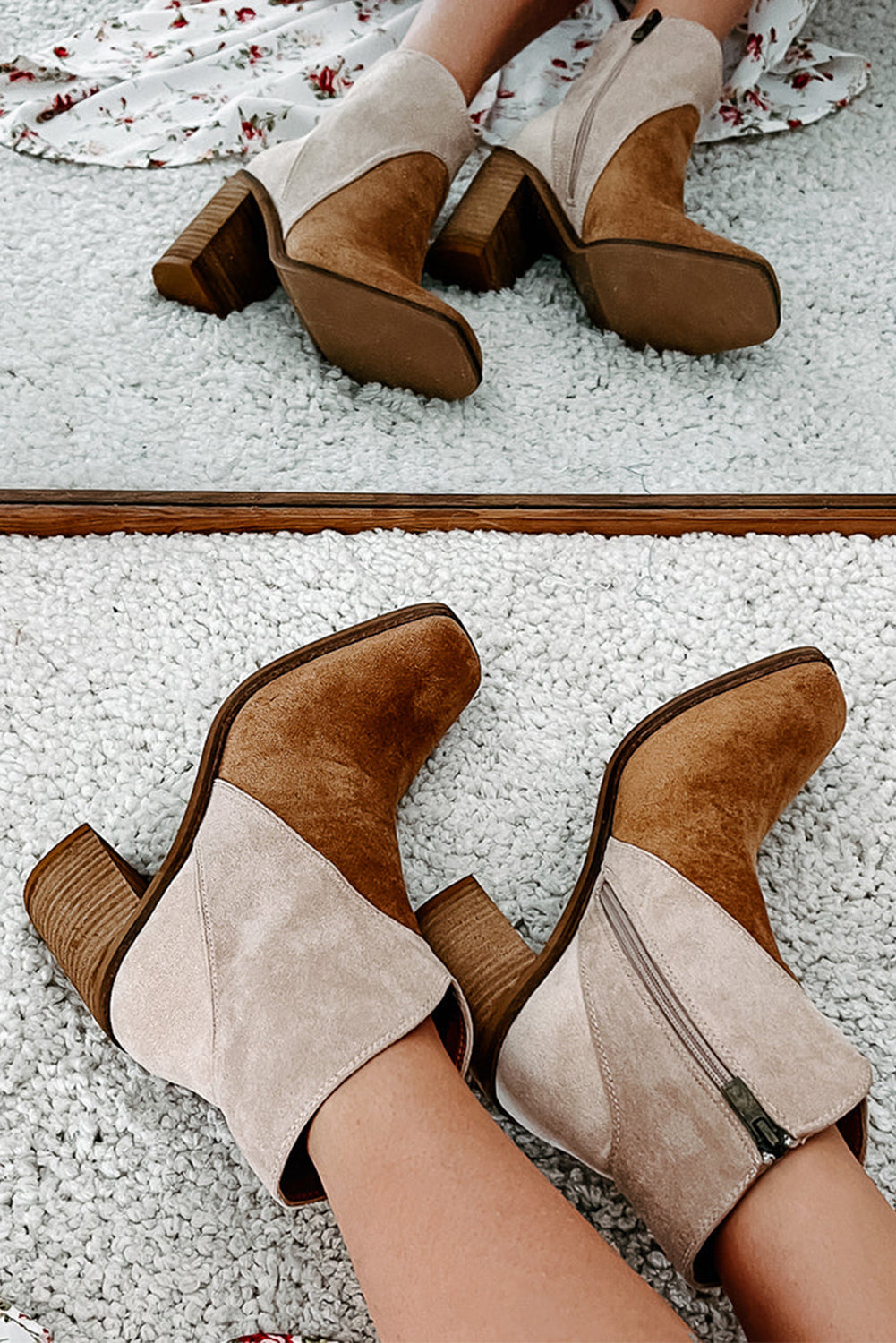 Botas color camel de dos tonos en antelina, con puntera cuadrada y tacón grueso.