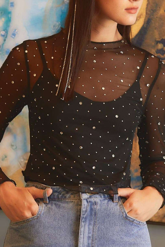 Top ajustado de manga larga con malla transparente y diamantes de imitación negros - Bego Fashion