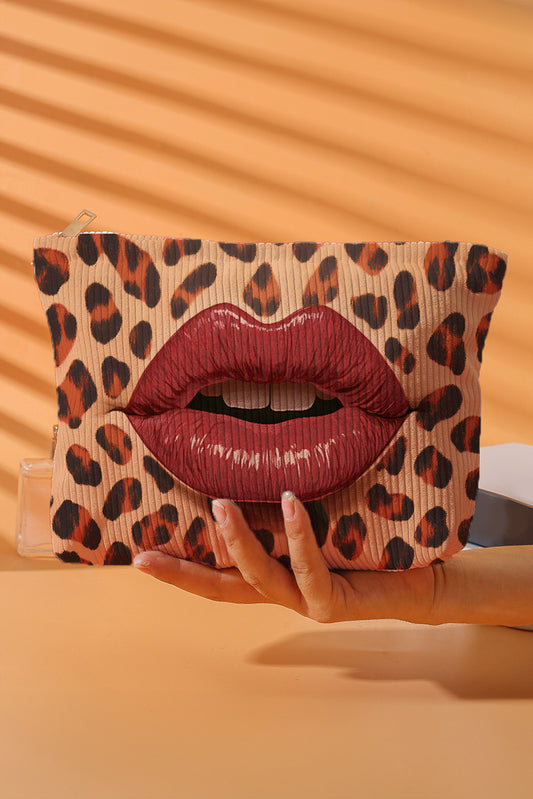 Neceser funcional de lona con estampado de leopardo marrón y diseño de labios