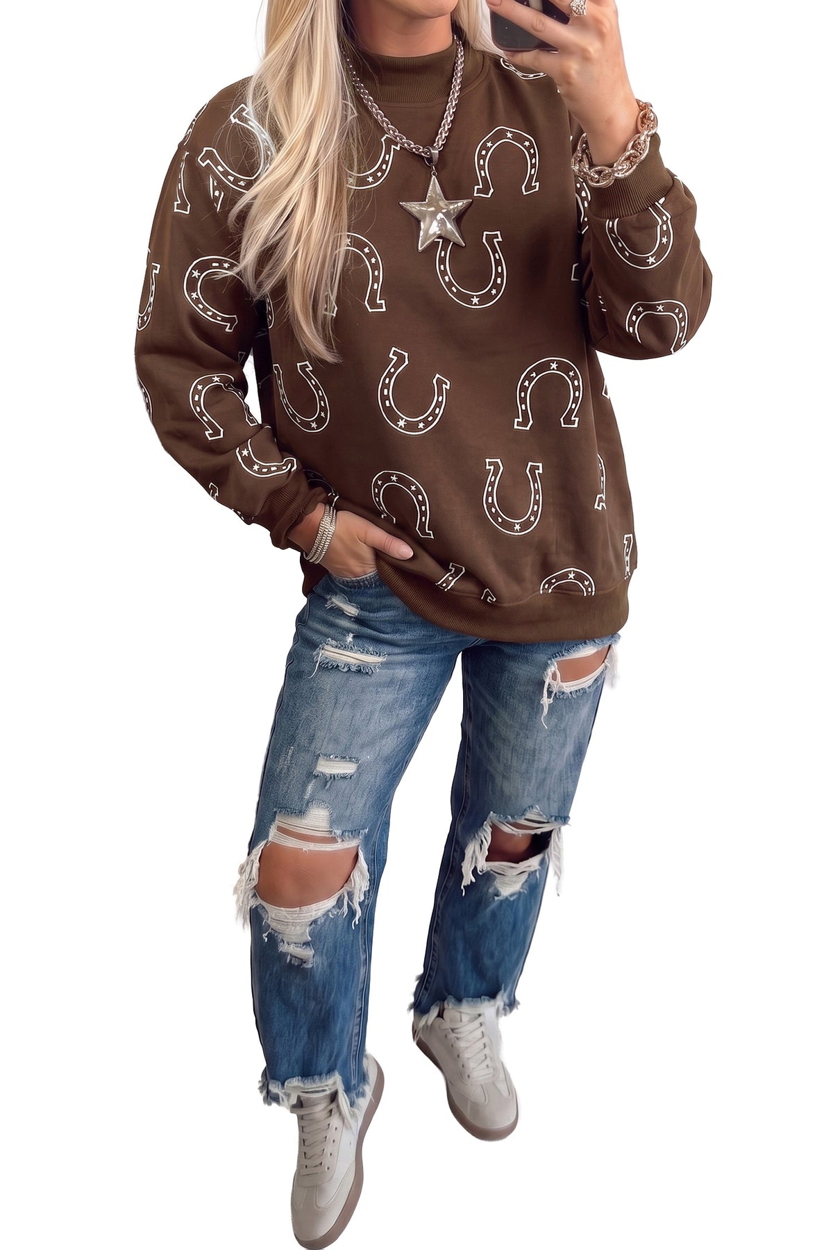 Sudadera casual de estilo western con estampado de herraduras azules y cuello subido