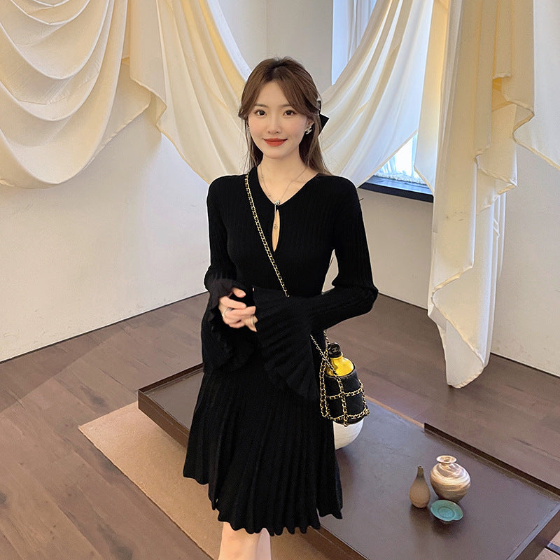 Vestidos de moda coreana para mujer: vestido negro de punto de lana, elegante y de alta calidad, con mangas acampanadas (estilo otoño-invierno)