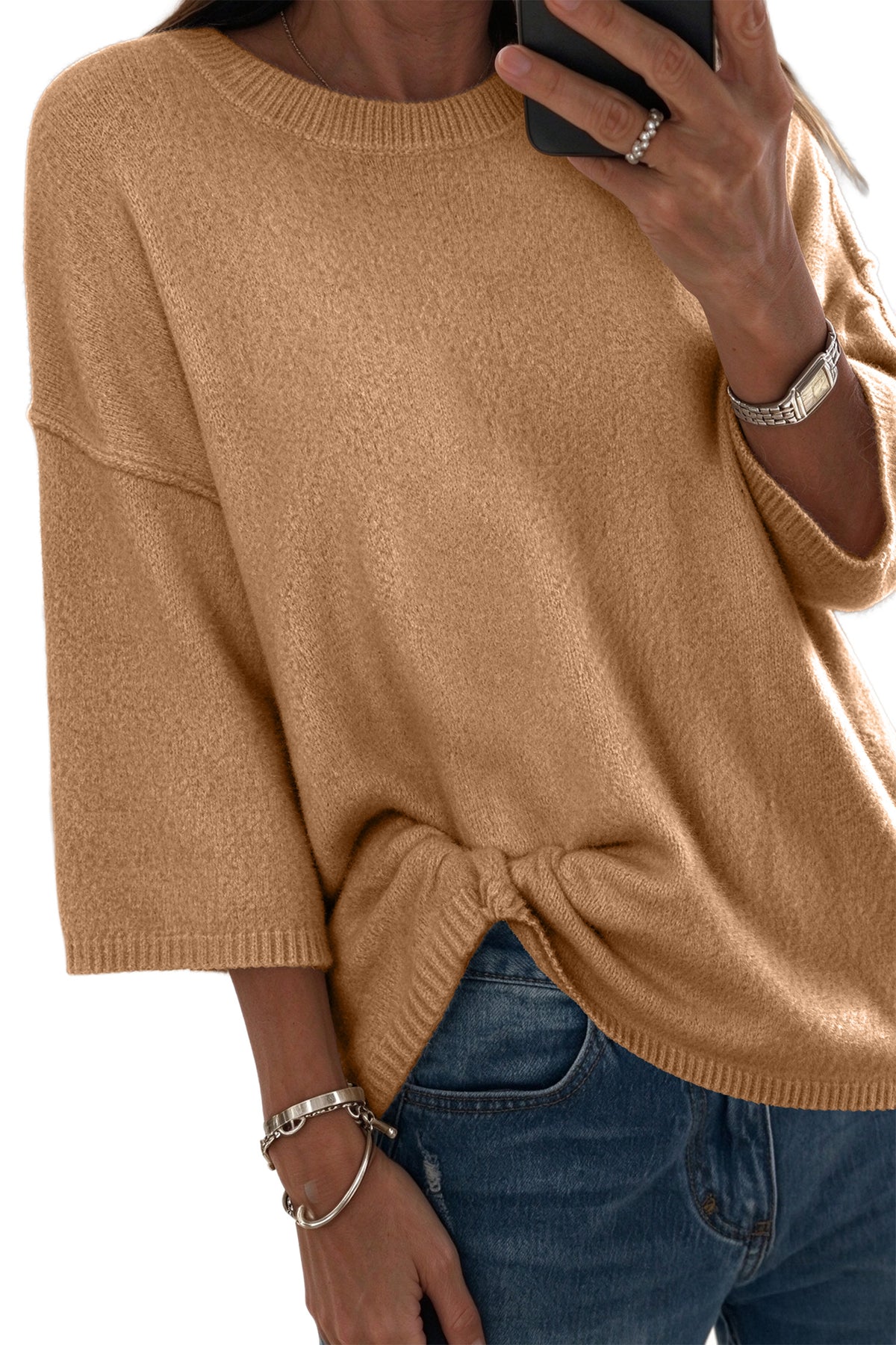 Camel Solid Color Knit Half Sleeve Round Neck Shift Sweater