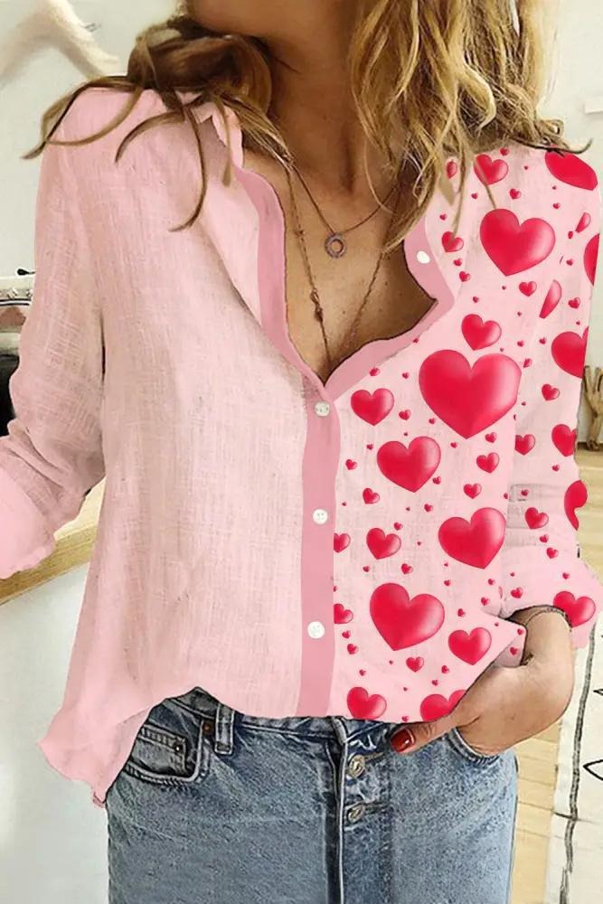 Camisa de manga larga para mujer con estampado de elementos del Día de San Valentín y amor creativo - Bego Fashion