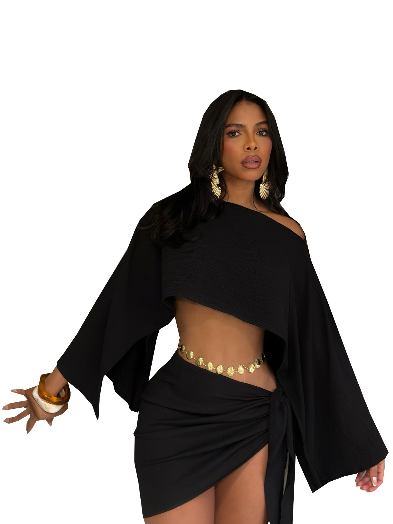 Conjunto de top con hombros descubiertos y falda ajustada con lazo en la parte delantera - Bego Fashion