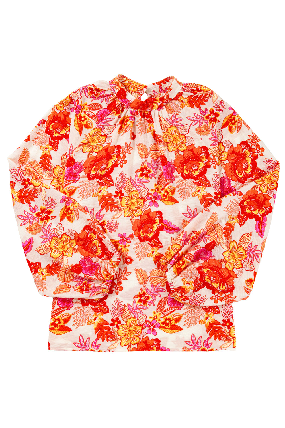 Blusa naranja con estampado floral, botones de perla, abertura tipo lágrima y manga larga abullonada.