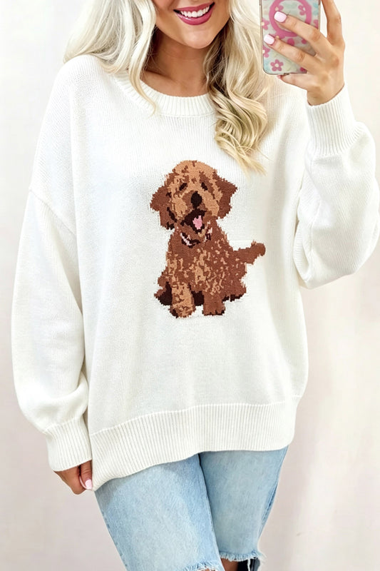 Suéter acogedor blanco con estampado de perros, corte holgado y hombros caídos