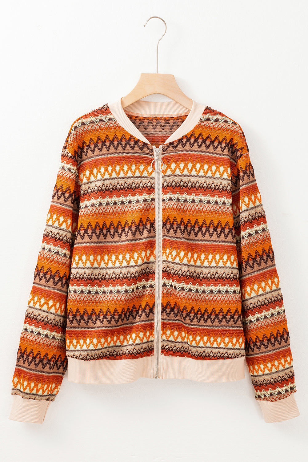 Chaqueta naranja de estilo boho a rayas, con cremallera y manga larga