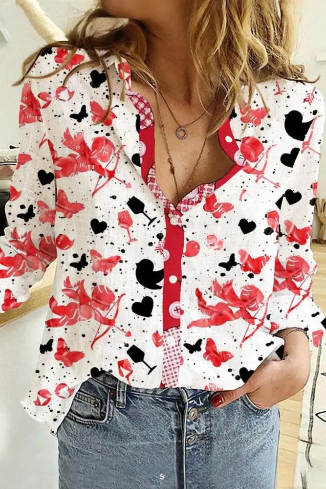 Camisa de manga larga para mujer con estampado de elementos del Día de San Valentín y amor creativo - Bego Fashion