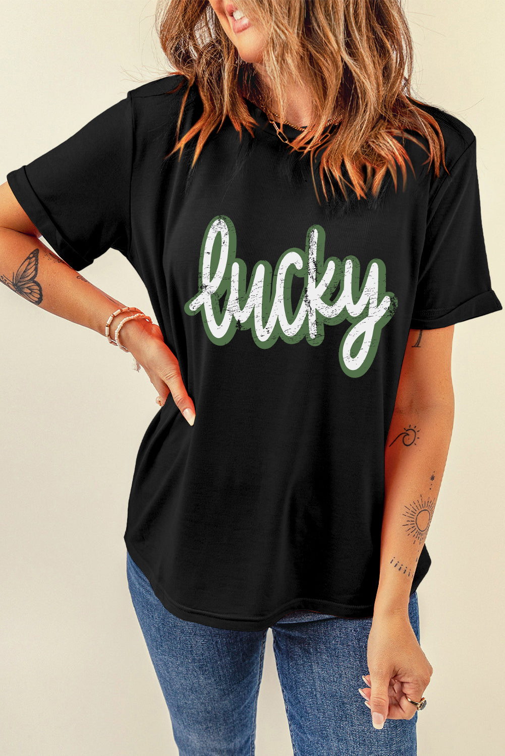 Camiseta negra con gráfico de letras agrietadas de la suerte del Día de San Patricio - Bego Fashion