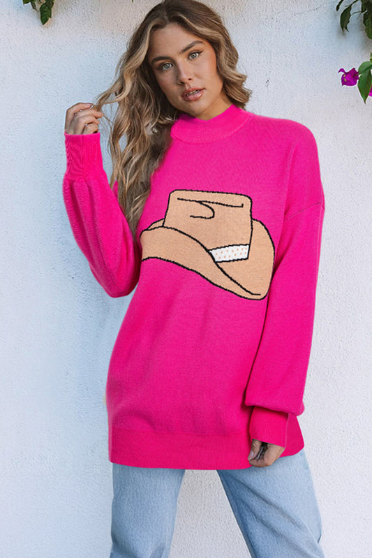 Suéter oversize de color rojo intenso con hombros caídos y diseño de sombrero de vaquero "Yeehaw"