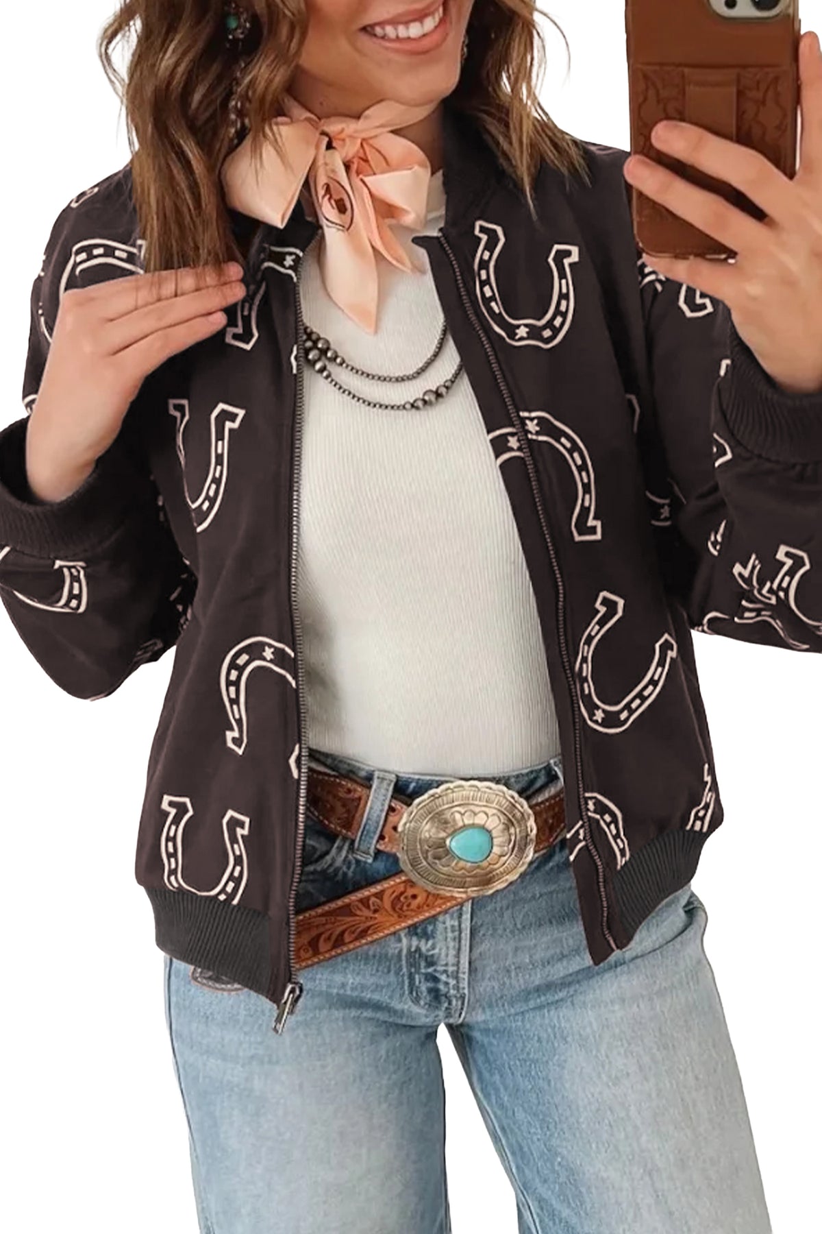 Chaqueta recta marrón con estampado de herraduras estilo western y bolsillo con cremallera