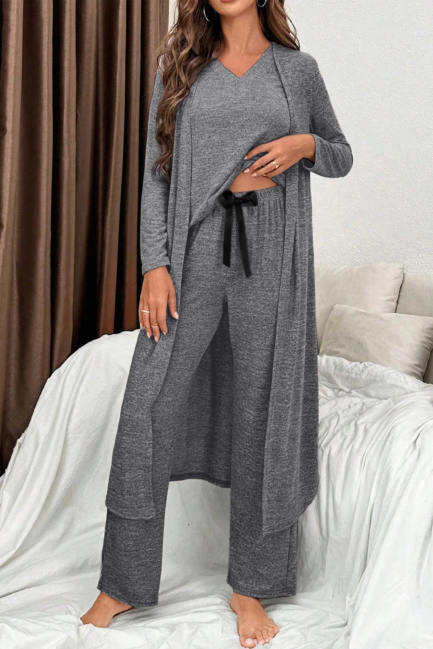 Dark Grey 3pcs V Neck T Shirt Ribbon Knot Pants Open Duster 3pcs Lounge Set - Bego Fashion