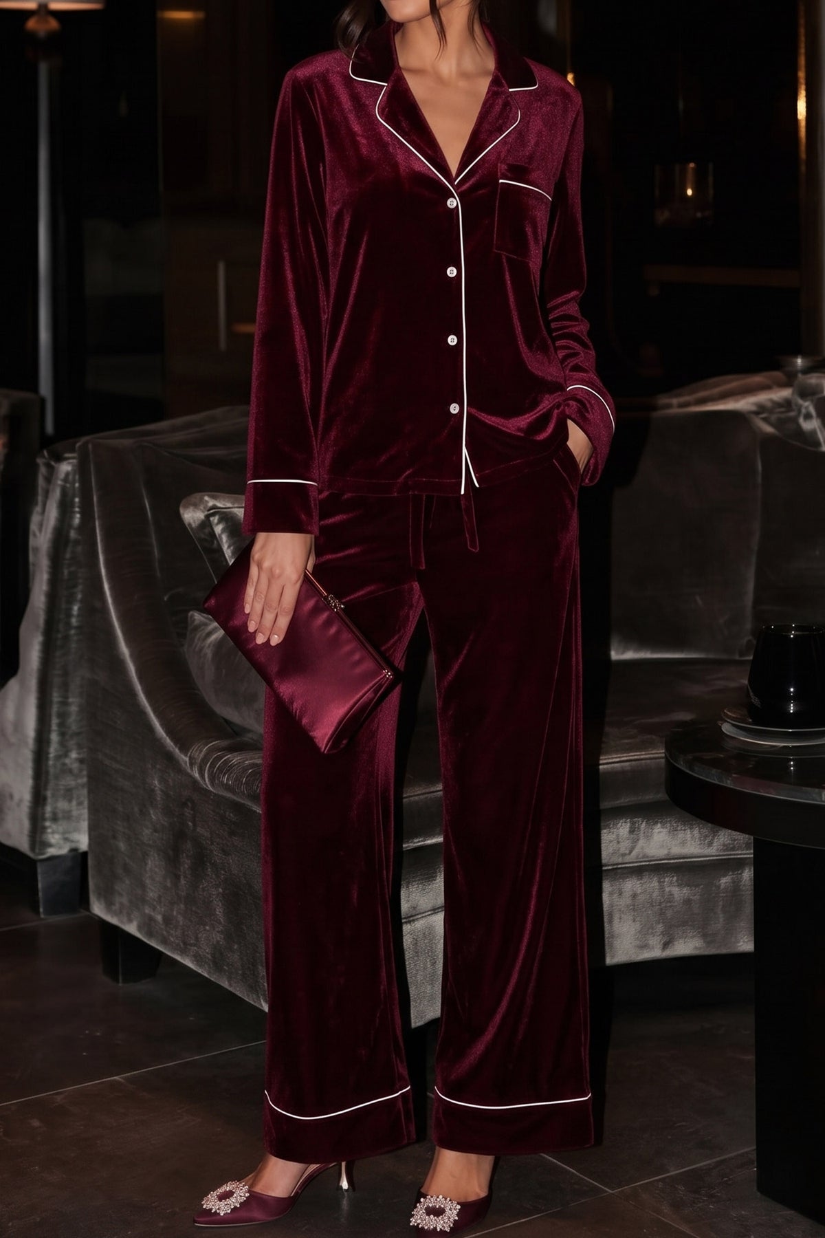 Conjunto informal de dos piezas: blusa de manga larga y pantalones de terciopelo color burdeos