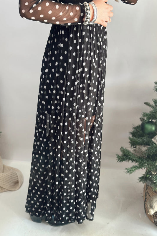 Conjunto de 2 piezas: vestido largo de malla negra con estampado de lunares y manga larga