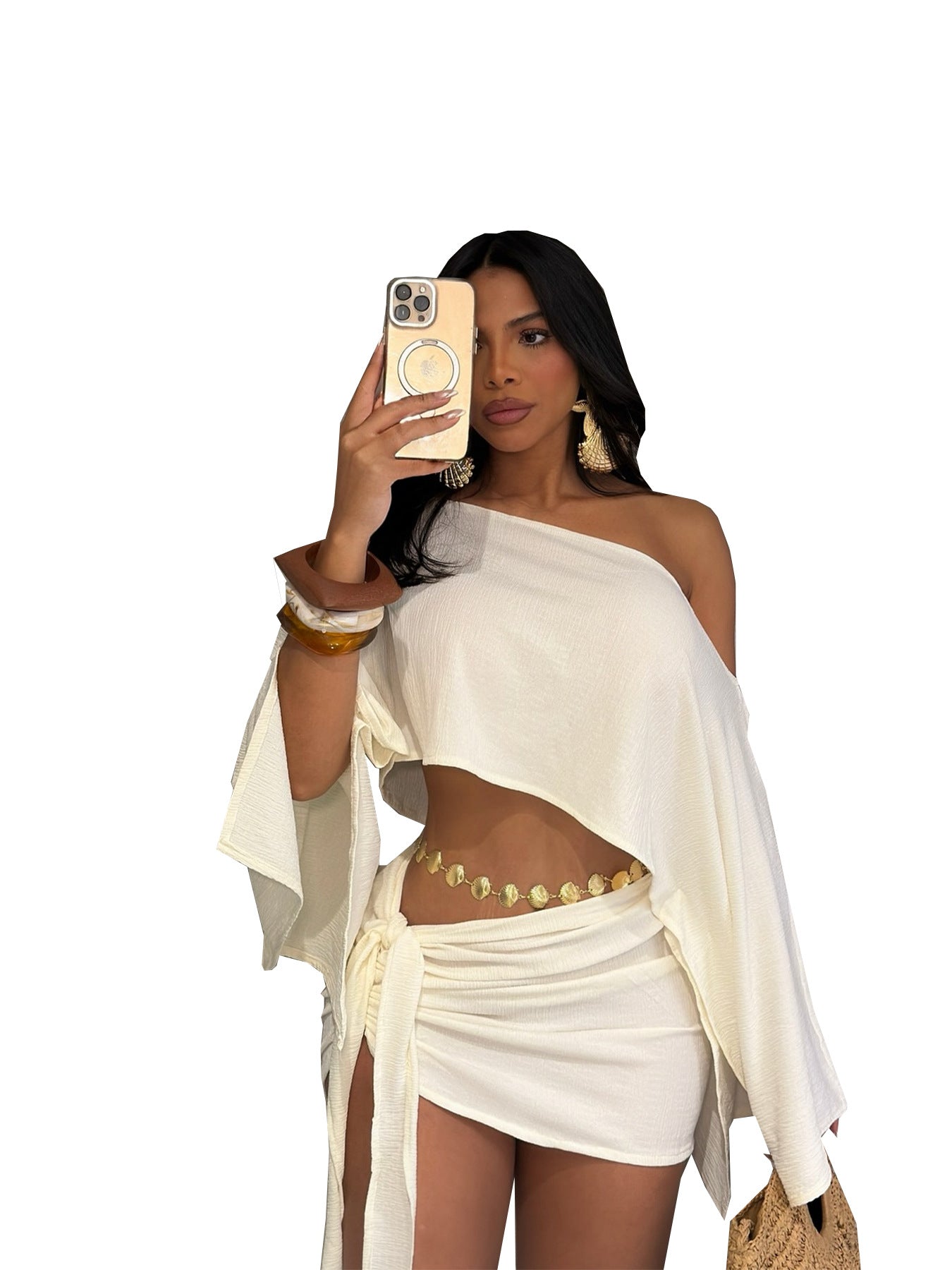 Conjunto de top con hombros descubiertos y falda ajustada con lazo en la parte delantera - Bego Fashion