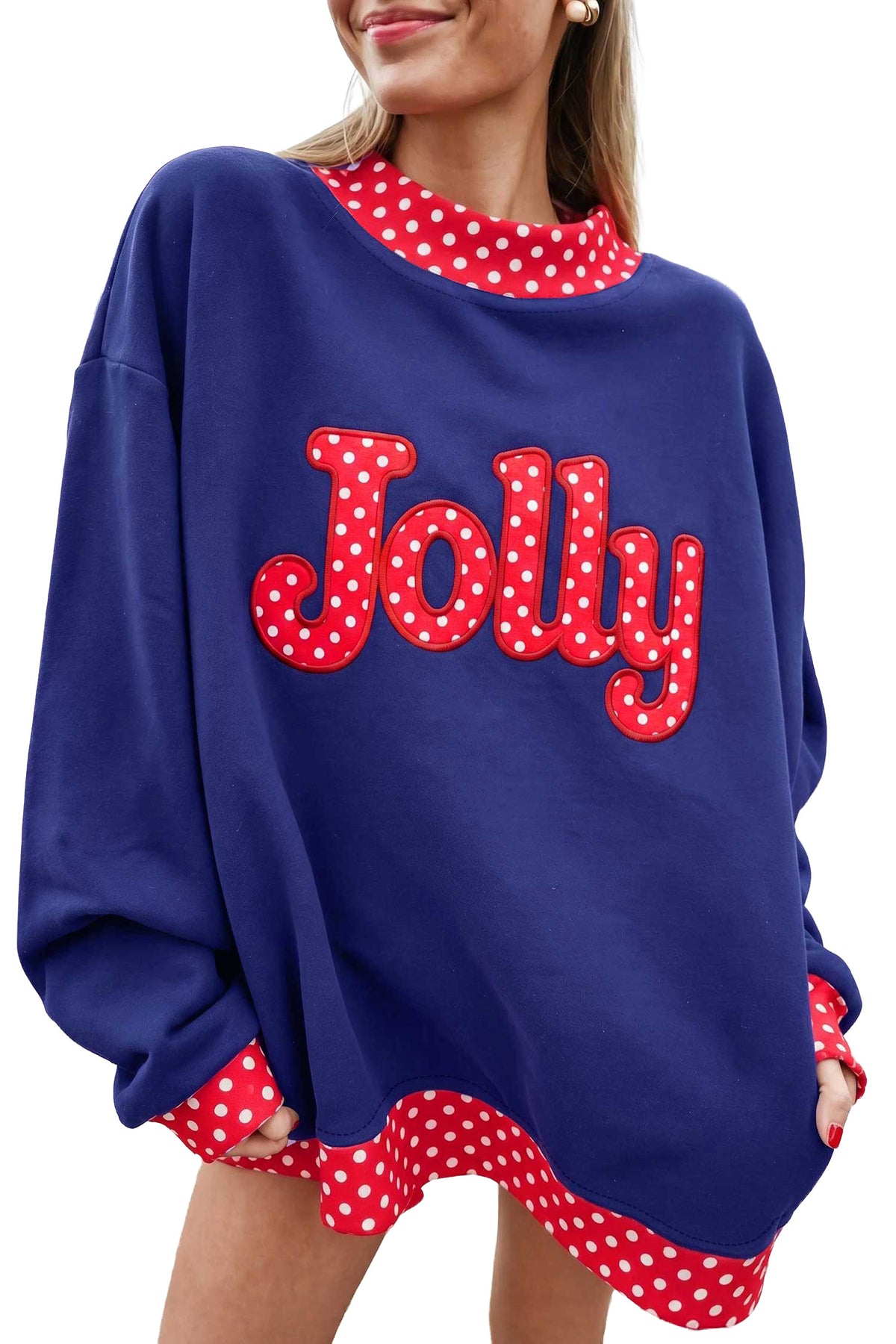 Sudadera rojo intenso con estampado de letras y lunares, cuello perkins y ribetes en contraste