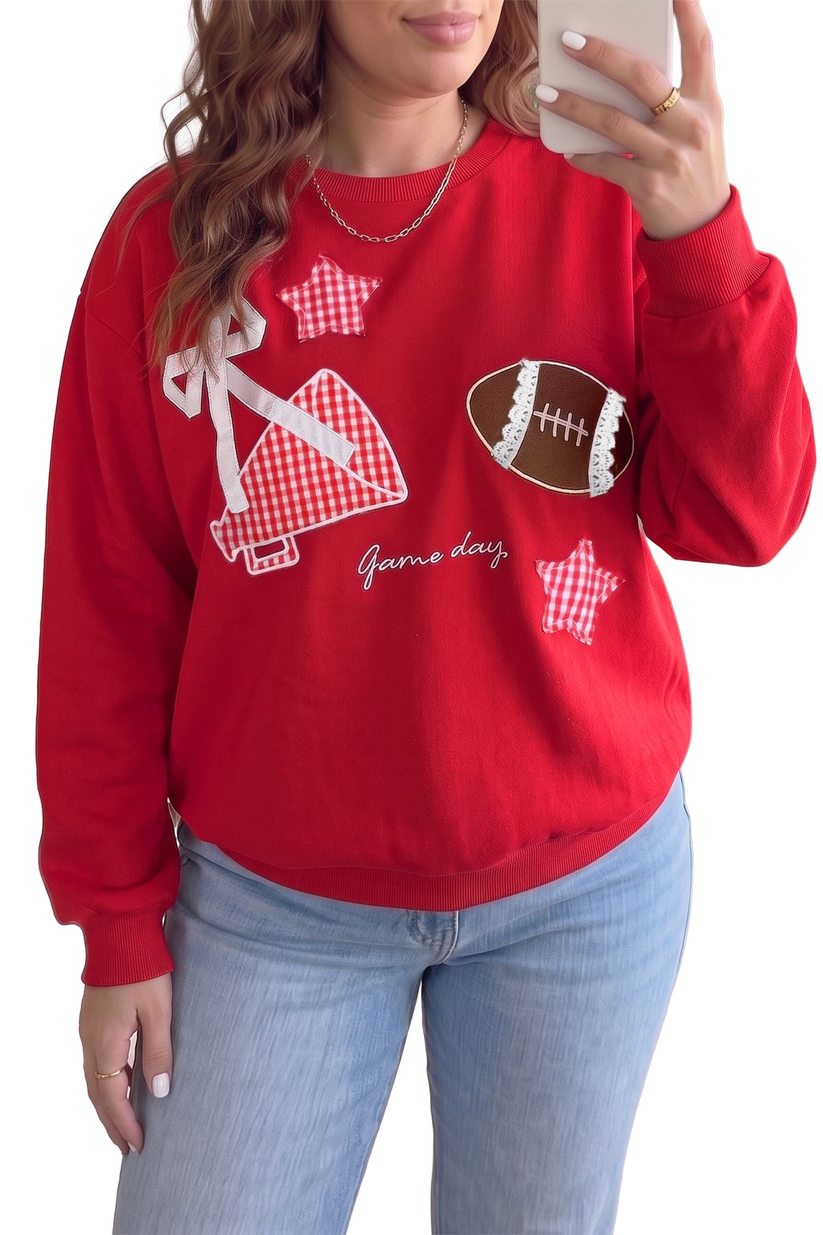 Sudadera de talla grande con diseño de parches y estampado «Rugby Game Day» en rojo competición