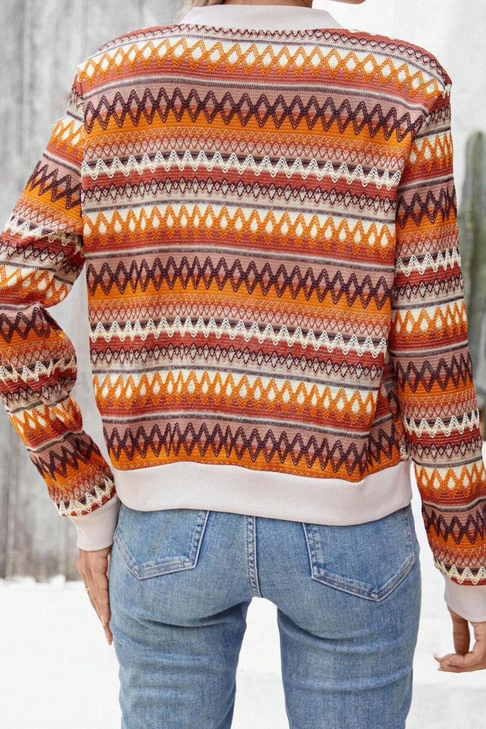 Chaqueta naranja de estilo boho a rayas, con cremallera y manga larga