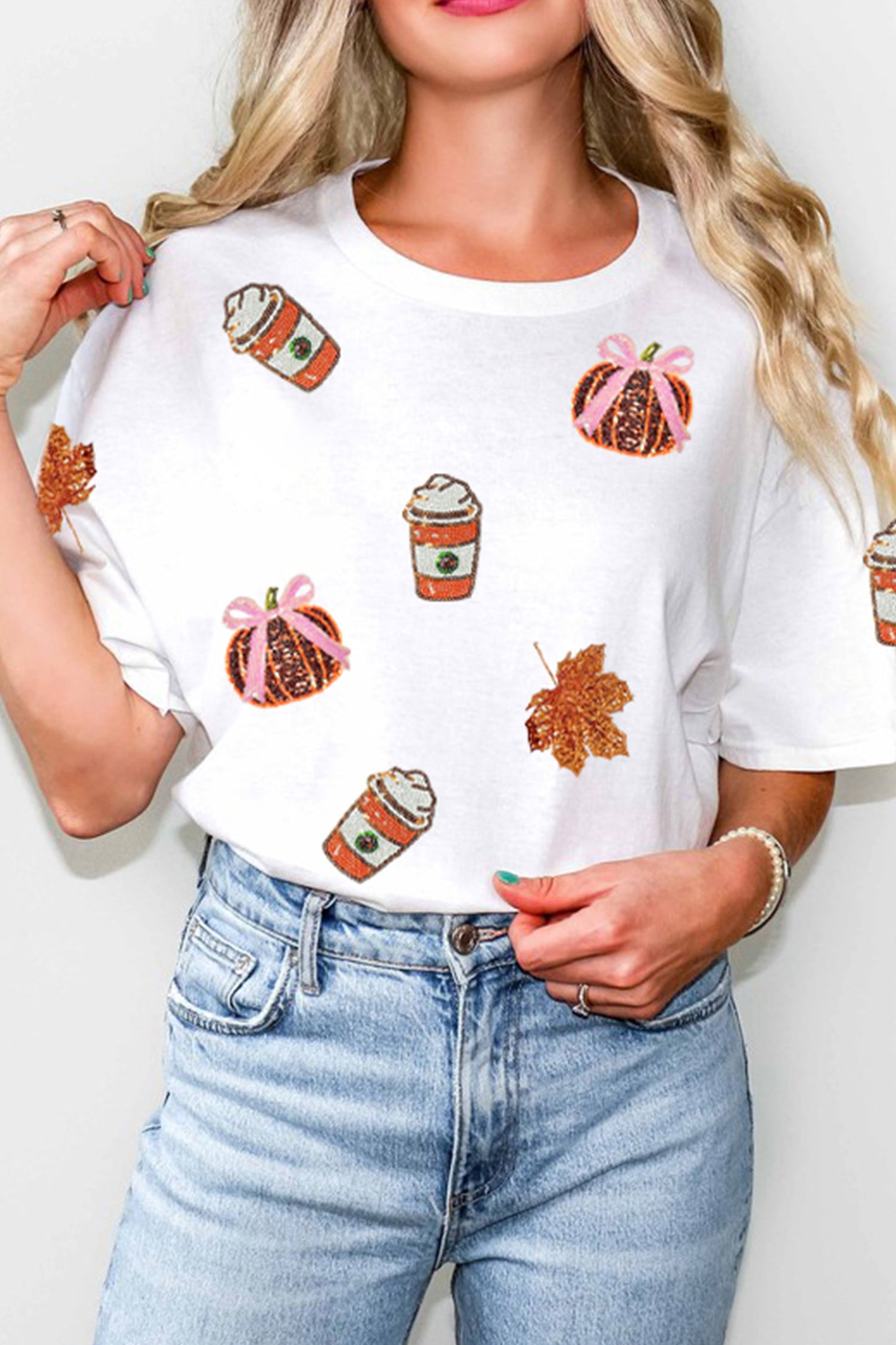Camiseta casual corte recto con estampado otoñal de calabaza y lentejuelas blancas