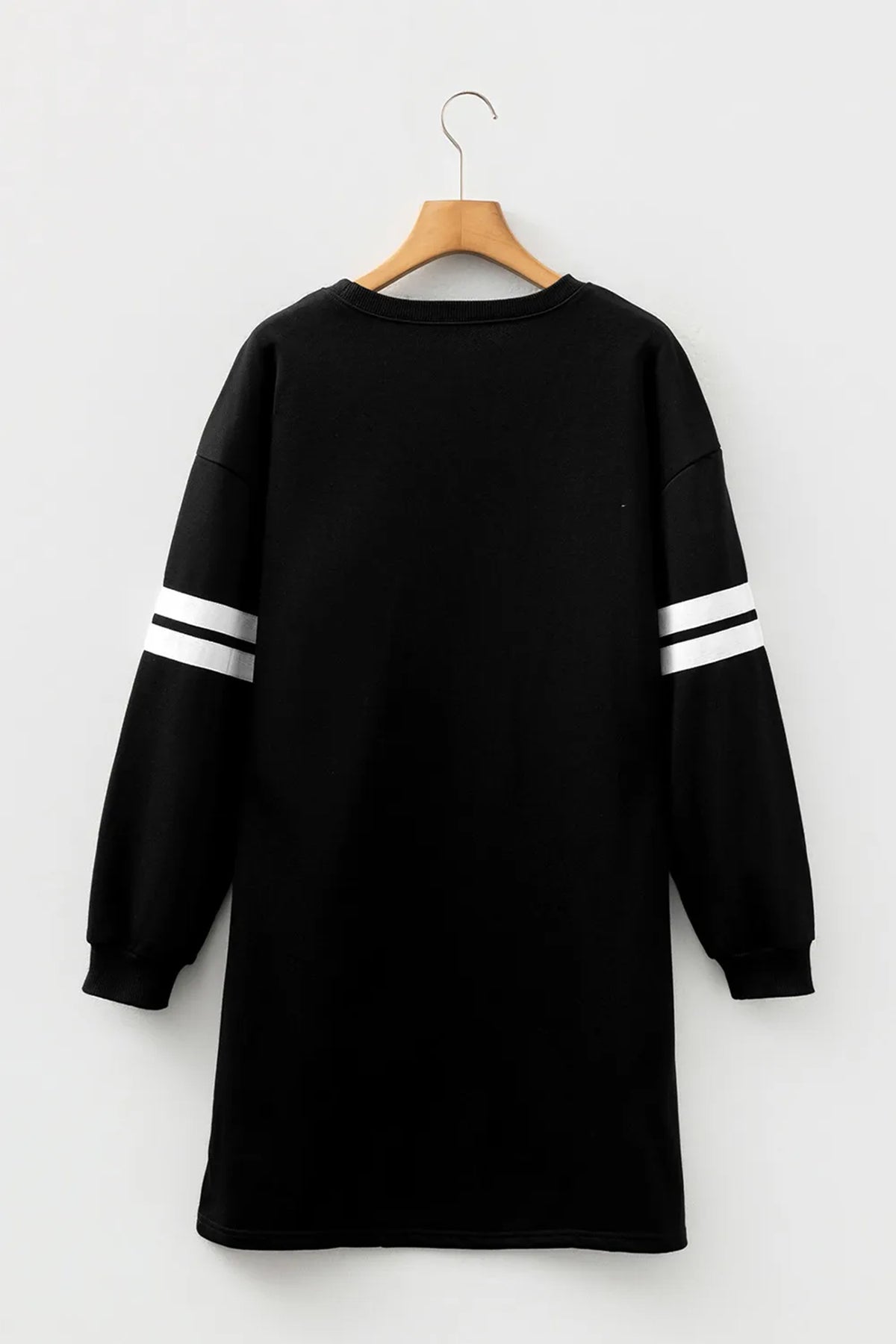 Vestido tipo sudadera de Halloween con gráfico de fantasma de lentejuelas negras y mangas a rayas estilo universitario