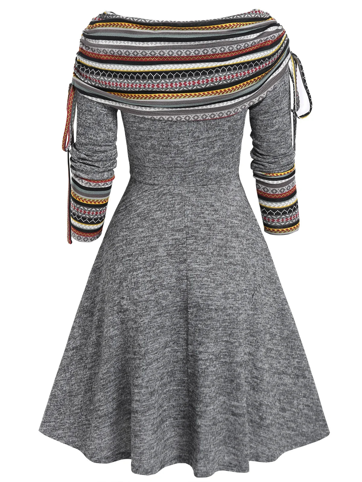 Vestido de mujer Dressfo para otoño/invierno, cuello convertible, ajustado, a rayas, corte acampanado, manga larga.