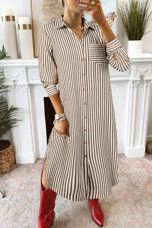 Vestido camisero midi de rayas marrones con textura, manga 3/4, bajo redondeado y abertura