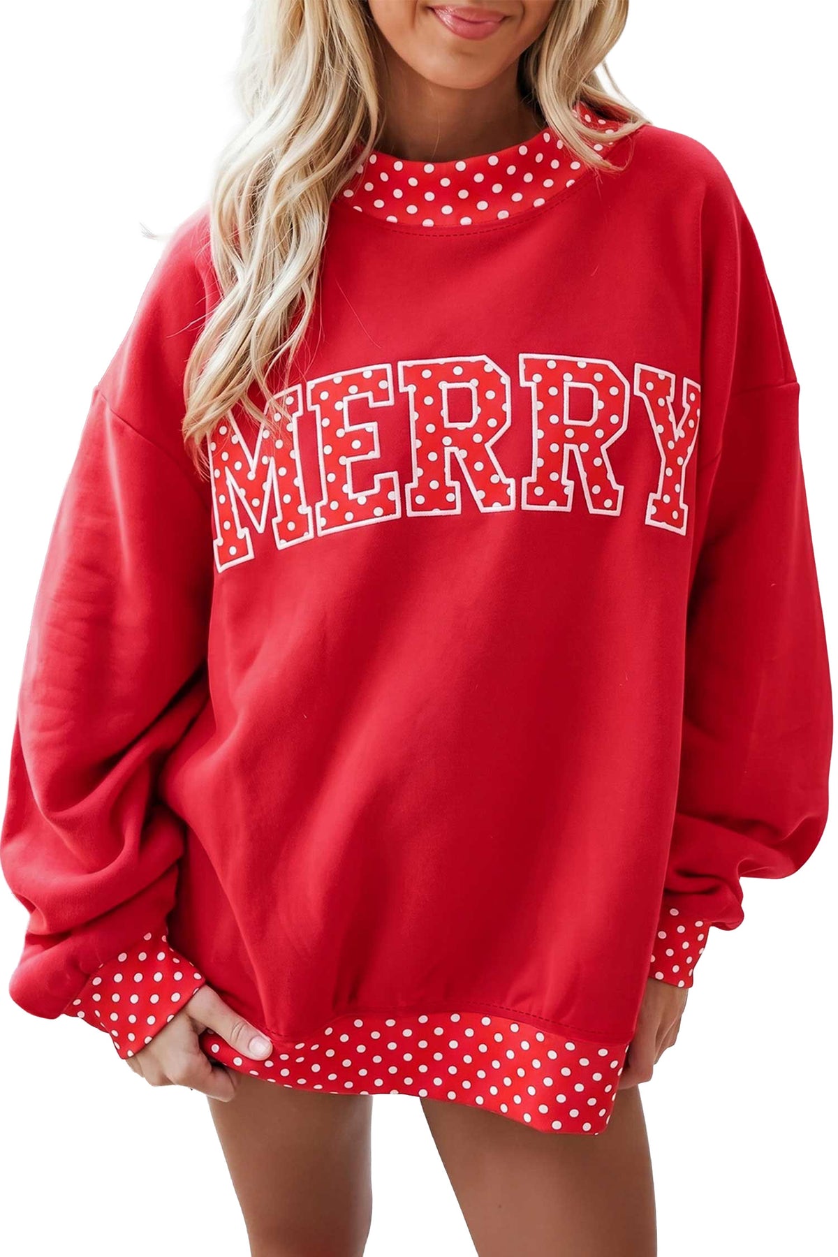 Sudadera rojo intenso con estampado de letras y lunares, cuello perkins y ribetes en contraste