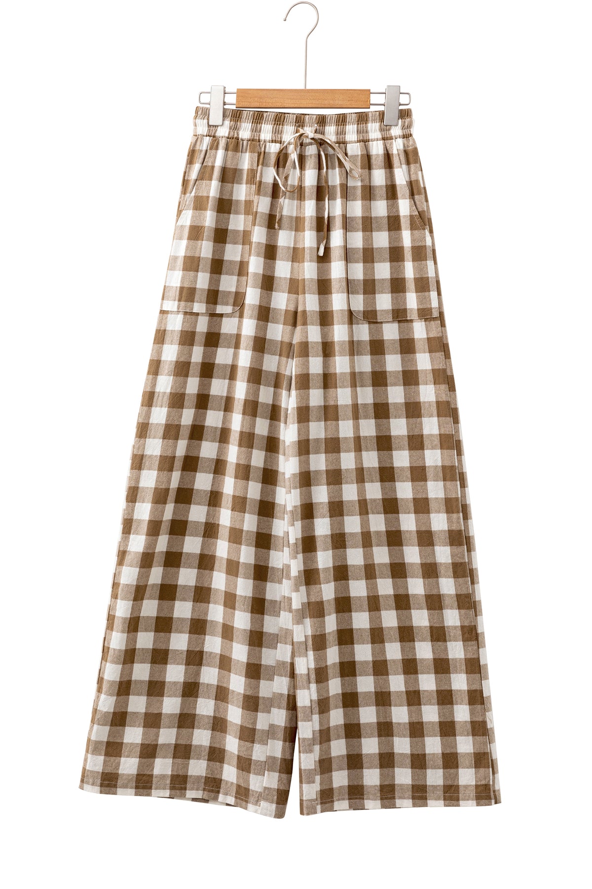 Pantalones rectos de cuadros vichy marrones con cintura elástica y lazo.