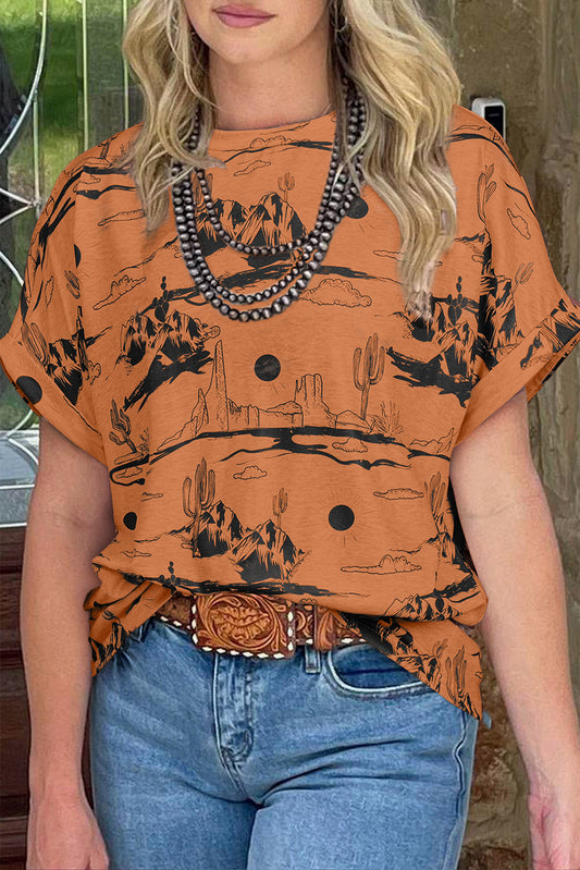 Top de punto de manga corta con estampado de arena del desierto color castaño