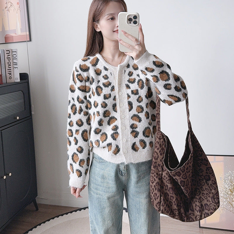 Suéter de manga larga y cuello redondo con estampado de leopardo
