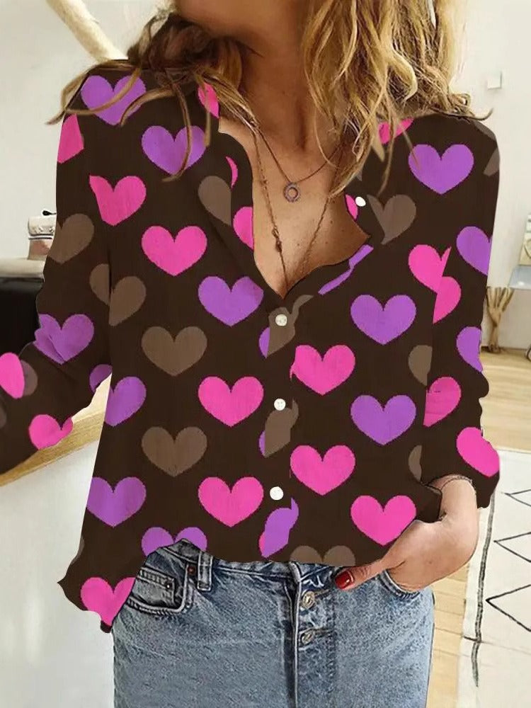Camisa de manga larga para mujer con estampado de elementos del Día de San Valentín y amor creativo - Bego Fashion