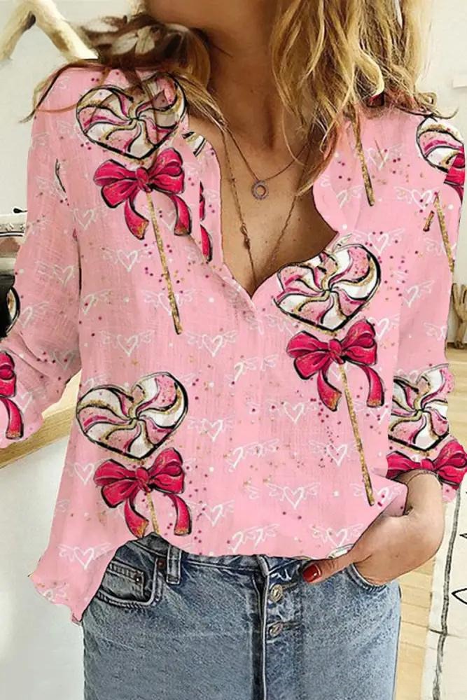Camisa de manga larga para mujer con estampado de elementos del Día de San Valentín y amor creativo - Bego Fashion