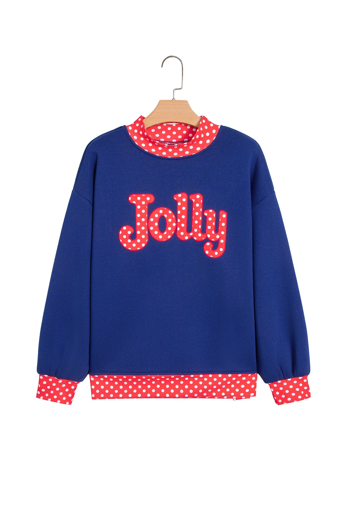 Sudadera rojo intenso con estampado de letras y lunares, cuello perkins y ribetes en contraste