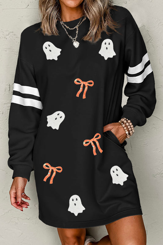 Vestido tipo sudadera de Halloween con gráfico de fantasma de lentejuelas negras y mangas a rayas estilo universitario