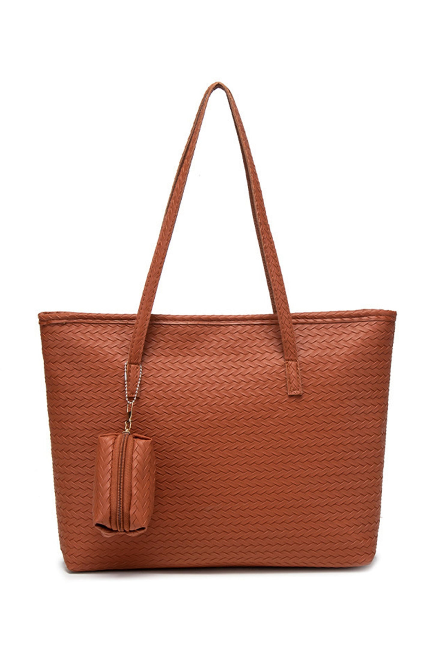 Bolso tote trenzado de piel sintética color canela con neceser extraíble