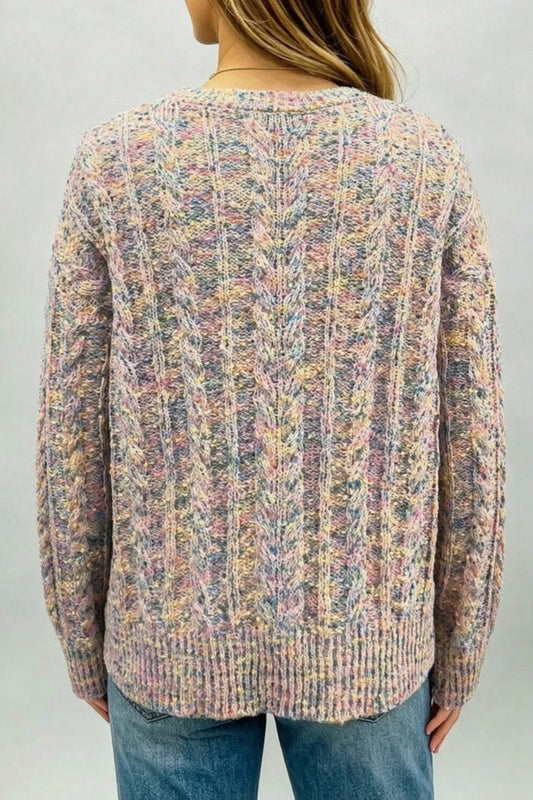 Suéter multicolor de punto trenzado, cuello redondo y manga larga con efecto confeti