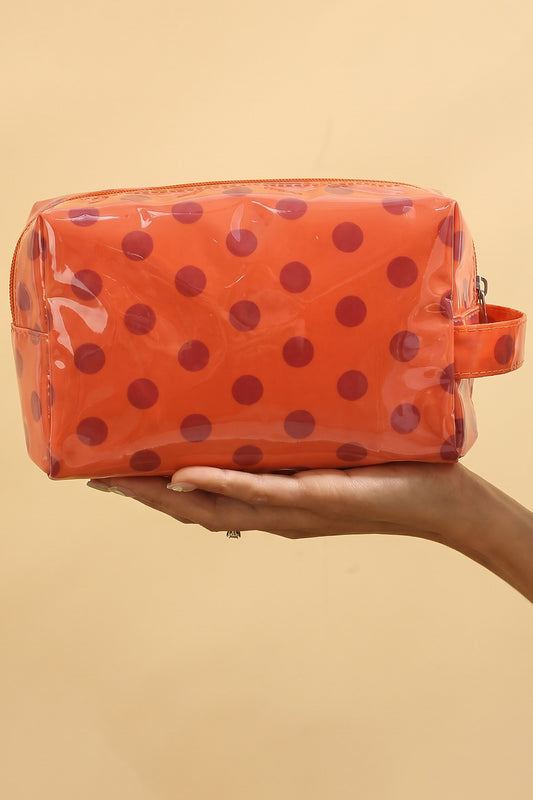 Neceser de PVC naranja resistente con estampado de lunares