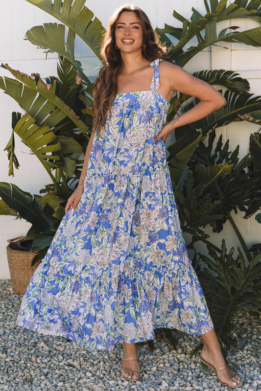 Vestido largo fluido con volantes, tirantes anudados y estampado floral azul cielon - Bego Fashion