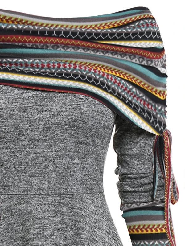 Vestido de mujer Dressfo para otoño/invierno, cuello convertible, ajustado, a rayas, corte acampanado, manga larga.