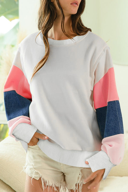 Top de manga larga estilo *color block* en *French Terry* blanco