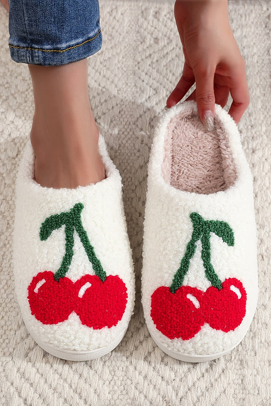 Pantuflas de felpa blancas para invierno con estampado de cerezas