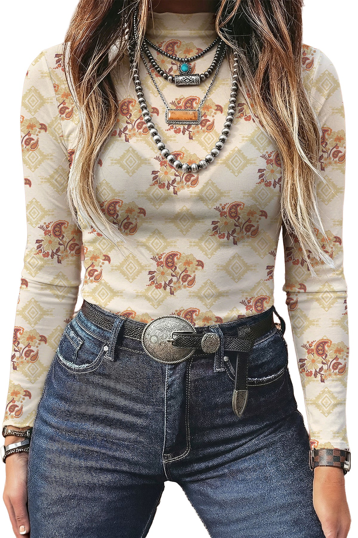 Top de malla de manga larga y cuello perkins, corte entallado, con estampado floral en gris humo