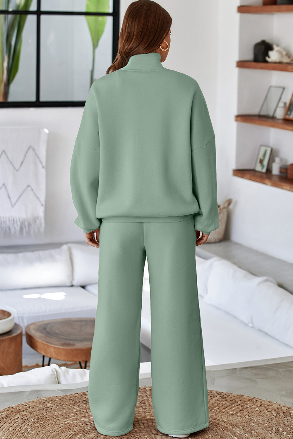 Conjunto de 2 piezas de chaqueta con cremallera y pantalones con cordón y hombros caídos Clearly Aqua - Bego Fashion