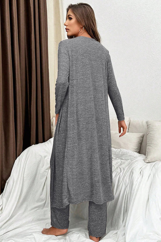 Dark Grey 3pcs V Neck T Shirt Ribbon Knot Pants Open Duster 3pcs Lounge Set - Bego Fashion
