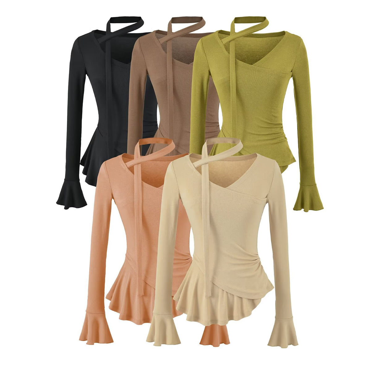 Top de manga larga con cuello en V, mangas acampanadas con lazada y cintura fruncida